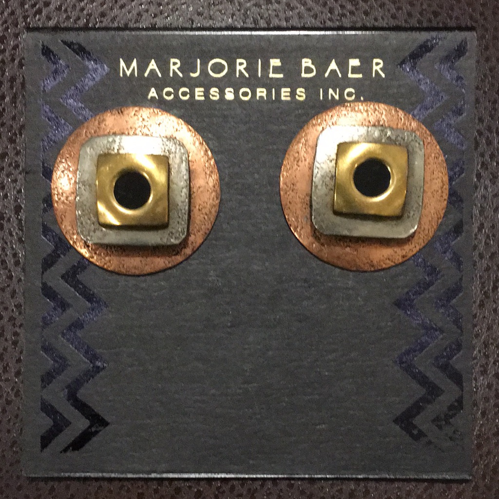 Marjorie Baer Southwestern Tricolor Copper, Silver Gold Omega Earrings